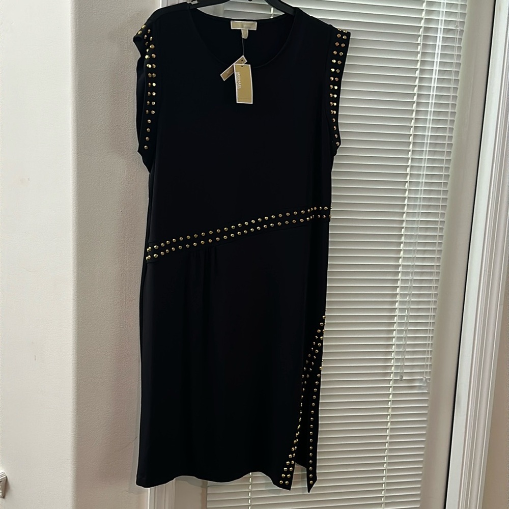 Michael Kors Plus Astor Black Metal Gold Studding Side Slit Sleeveless Dress 3X